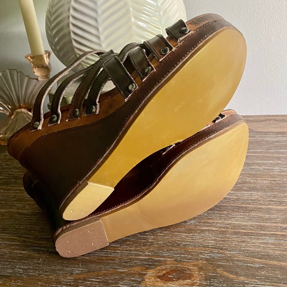 Bed Stu Gina Handmade Leather Studded Wood Platform Wedges Sandals Shoe 10 Brown - Picture 2 of 9